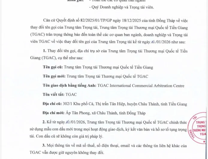 Trung tâm Trọng tài Thương mại Quốc tế Tiền Giang chính thức ban hành Thông báo về việc thay đổi tên gọi